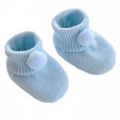 Booties Knitted Pom Pom Blue 0-6 mths